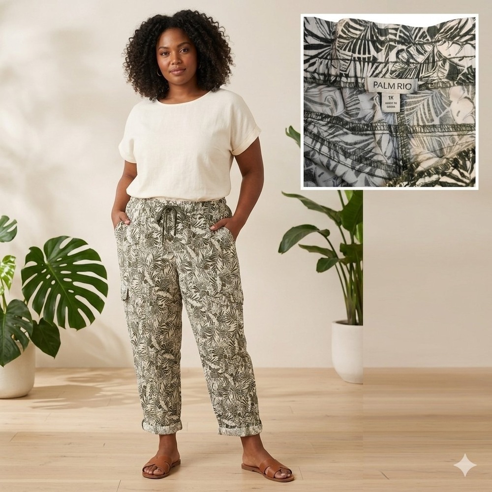 Palm Rio Plus Size 1X Tropical Palm Leaf Cargo Pants Elastic Waist Olive Green - Picture 2 of 9